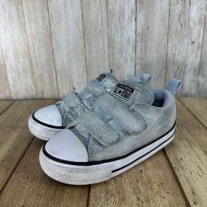 Converse‎ All Star Chuck Taylor Silver Glitter Hook & Loop Sneakers Kids Size 7